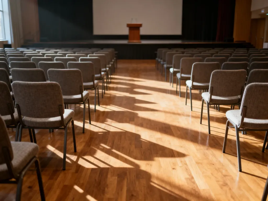 Pusta sala konferencyjna z rzędami krzeseł, ilustrująca problem niskiej frekwencji na wydarzeniu.