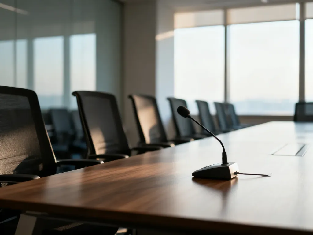 Pusty mikrofon na stole konferencyjnym w biurze, symbolizujący brak dialogu między szefem a zespołem.