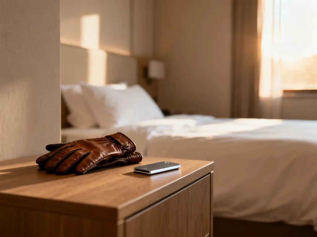 Skórzane rękawiczki i karta magnetyczna pozostawione na szafce nocnej w schludnym pokoju hotelowym.
