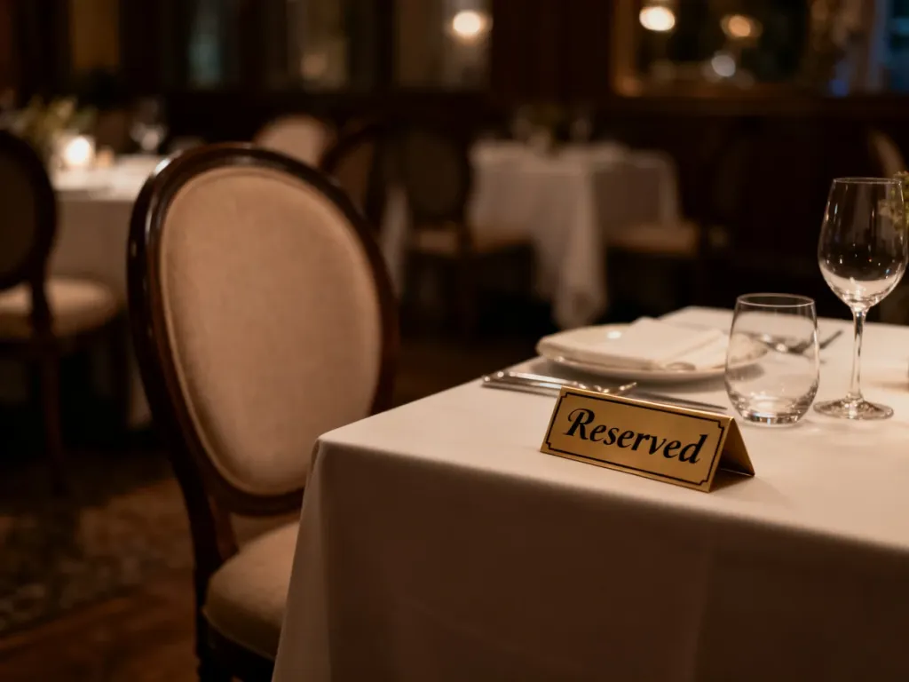 Elegancki stolik w restauracji z odwróconą tabliczką „rezerwacja”, symbolizujący nagłe odwołanie wizyty przez lokal.