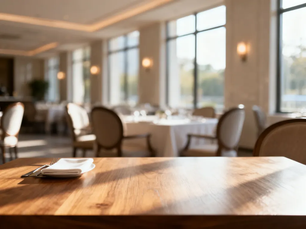 Nowoczesne, jasne wnętrze restauracji z czystym drewnianym stolikiem, gotowe na przyjęcie gości.