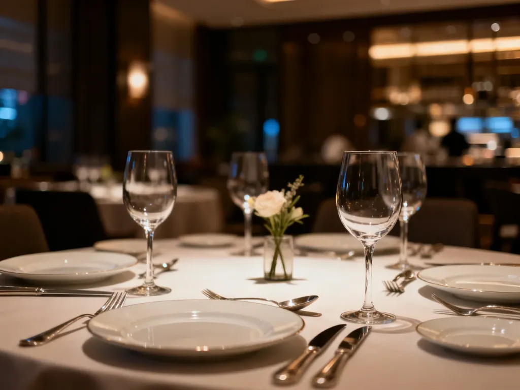 Elegancko nakryty stół w restauracji przygotowany na formalną kolację biznesową z zachowaniem zasad savoir-vivre'u.