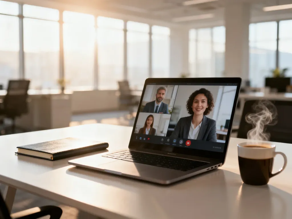 Laptop z włączoną wideokonferencją na biurku w nowoczesnym biurze, symbolizujący pracę hybrydową i zdalną komunikację.