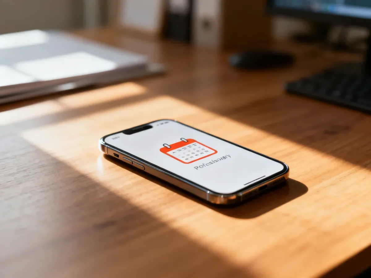 Nowoczesny smartfon na drewnianym biurku z powiadomieniem z kalendarza, symbolizujący profesjonalne przypomnienie o spotkaniu.