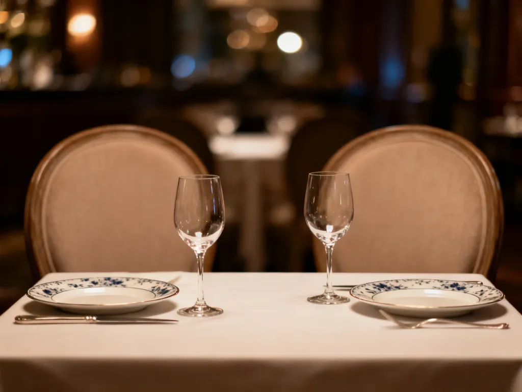 Elegancko nakryty stół dla dwóch osób w restauracji, przygotowany na kameralną kolację.