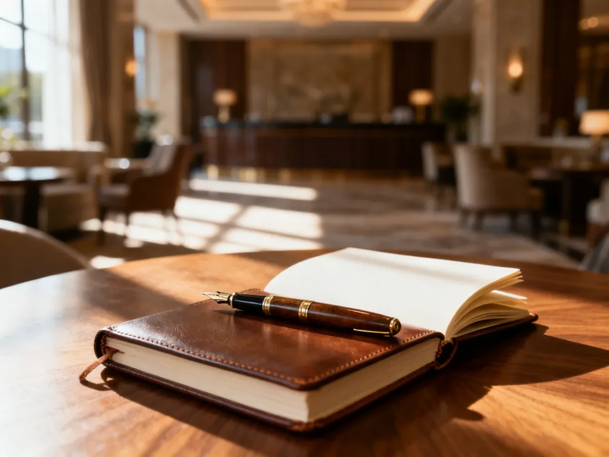 Elegancki notatnik i pióro na drewnianym stole w hotelowym lobby, symbolizujące dyskretne zbieranie informacji o gościach.