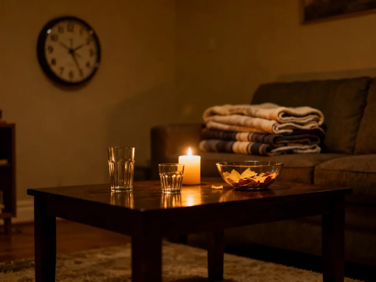 Pusty salon po przyjęciu z niedopitymi szklankami i świecą, symbolizujący późną porę zakończenia spotkania.