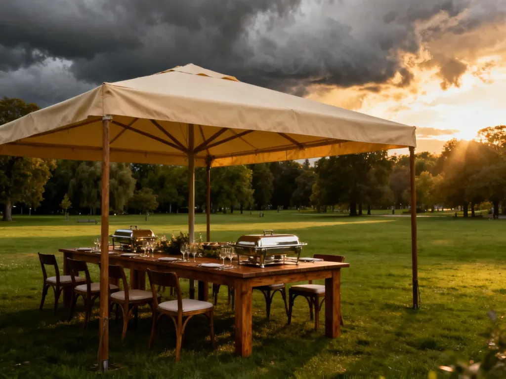 Elegancko zastawiony stół pod solidnym zadaszeniem w parku, chroniący catering przed zmienną, burzową pogodą.