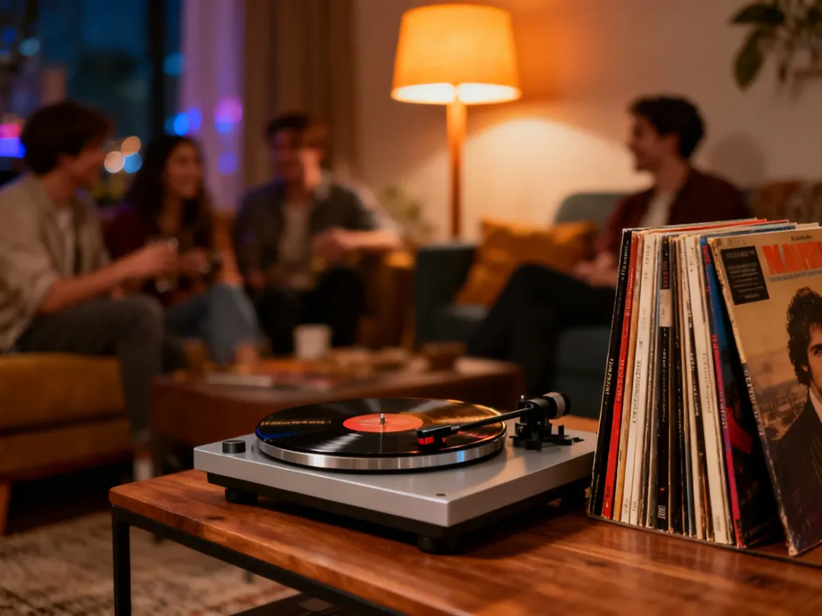 Gramofon z płytami winylowymi na stoliku kawowym w przytulnym salonie, tworzący nastrój wieczornego spotkania towarzyskiego.